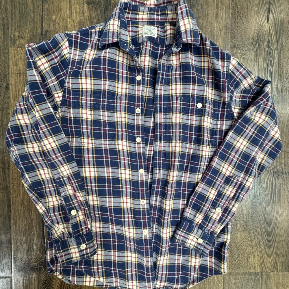 J. Crew Navy Plaid Button-Down Shirt with Cream & Red Trim
